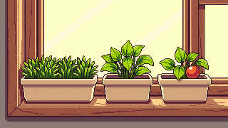 A windowsill scene with three TurnLeaf trays — microgreens, basil, and a cherry tomato — in warm afternoon light.